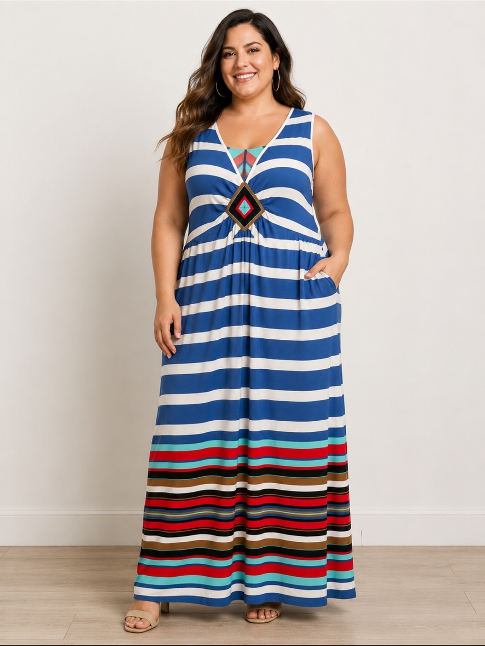 One World Live and Let Live Maxi Dress Women’s 1X Blue Striped Sleeveless